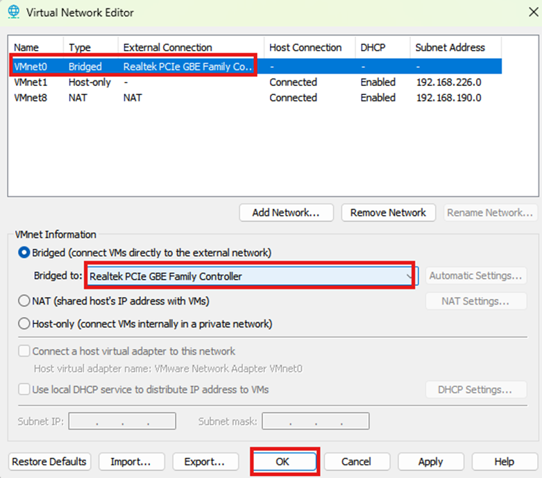 image - Documentation Center Virtual Network Editor: VMnet0 is bridged to Realtek PCIe GBE Family Controller; OK button highlighted.