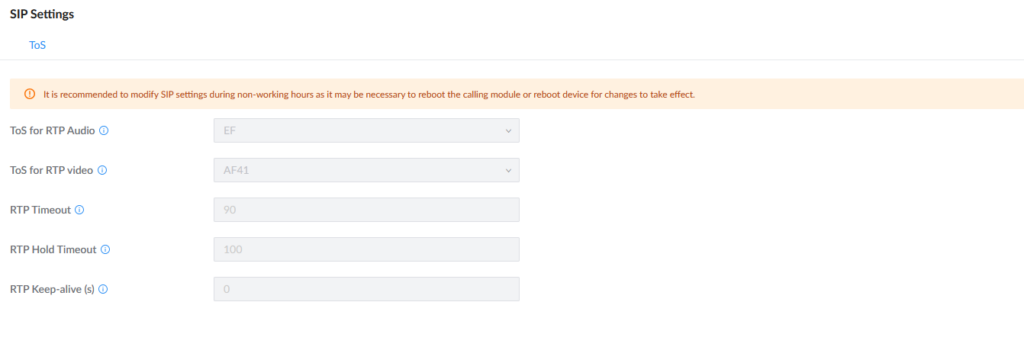 media settings - Documentation Center SIP Settings page showing ToS options and timeout fields with a beige warning banner above the form