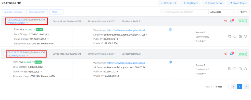 on premise PBX view on GDMS - Documentation Center Two UCM devices listed with MAC addresses and statuses; Primary: Standby on Lab_SoftwareUCM, Secondary: Active on Lab_SoftwareUCM, both under Default site