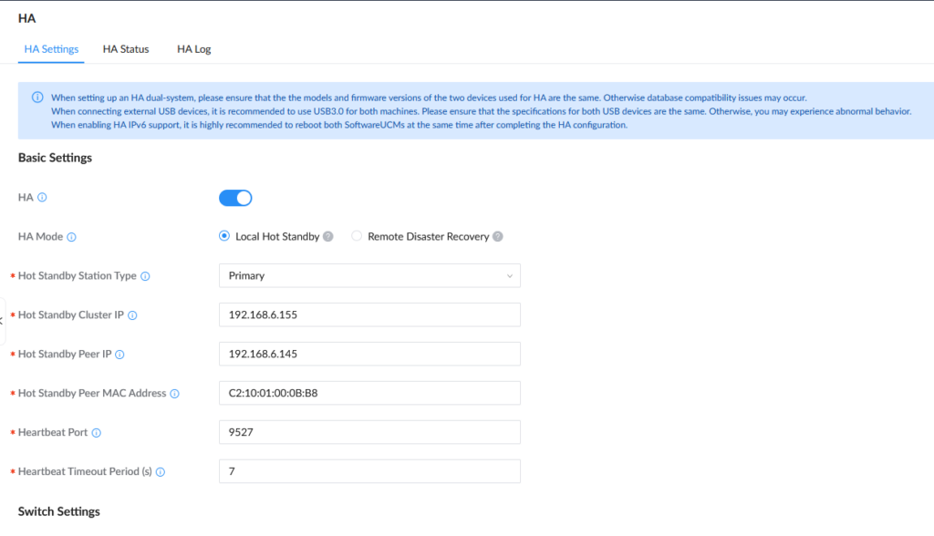 softwareUCM HA primary - Documentation Center HA Settings screen: Basic Settings form with ON toggle, Local Hot Standby, Primary station, cluster IP 192.168.6.155, peer IP 192.168.6.145, peer MAC C2:10:01:00:0B:B8, heartbeat port 9527, timeout 7.