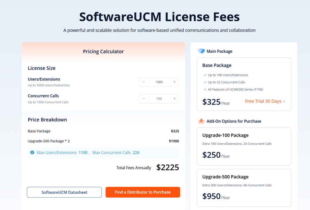 softwareUCM max concurrent calls - Documentation Center Pricing page for SoftwareUCM License Fees with a left pricing calculator and right package cards on a blue gradient background