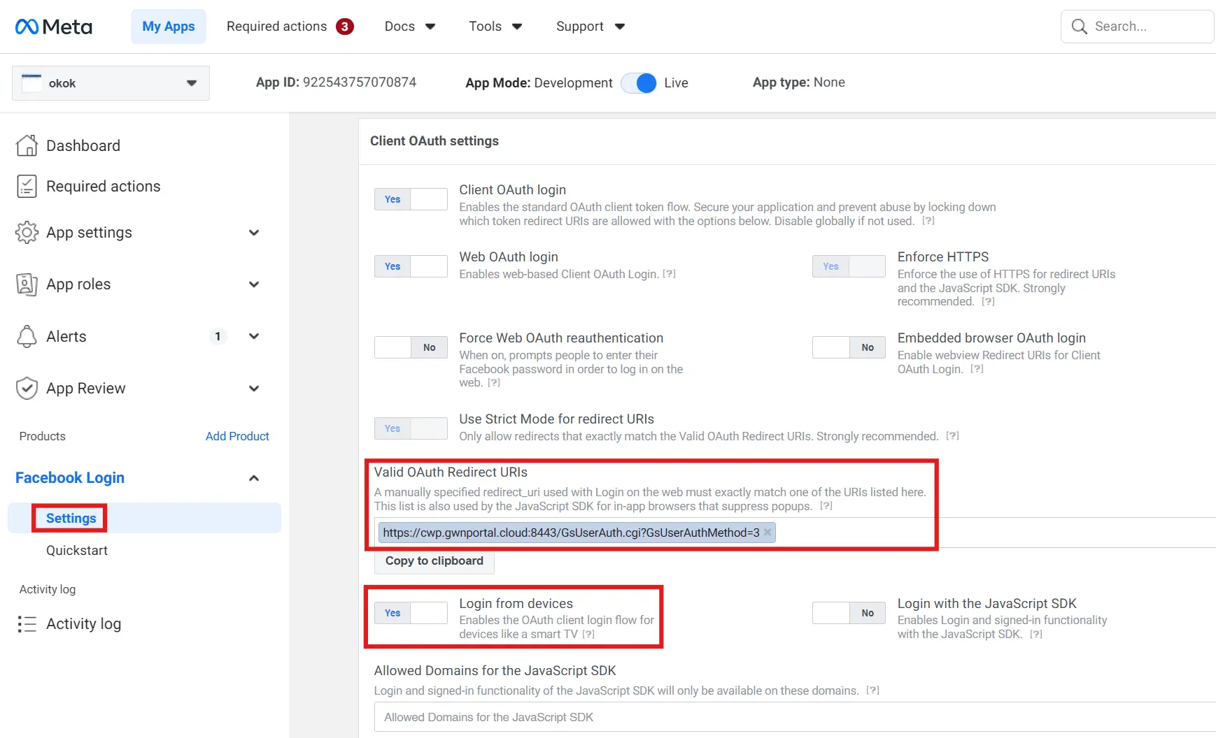 step 3 facebook login settings valid oath redirect uris and enable login from devices - Documentation Center