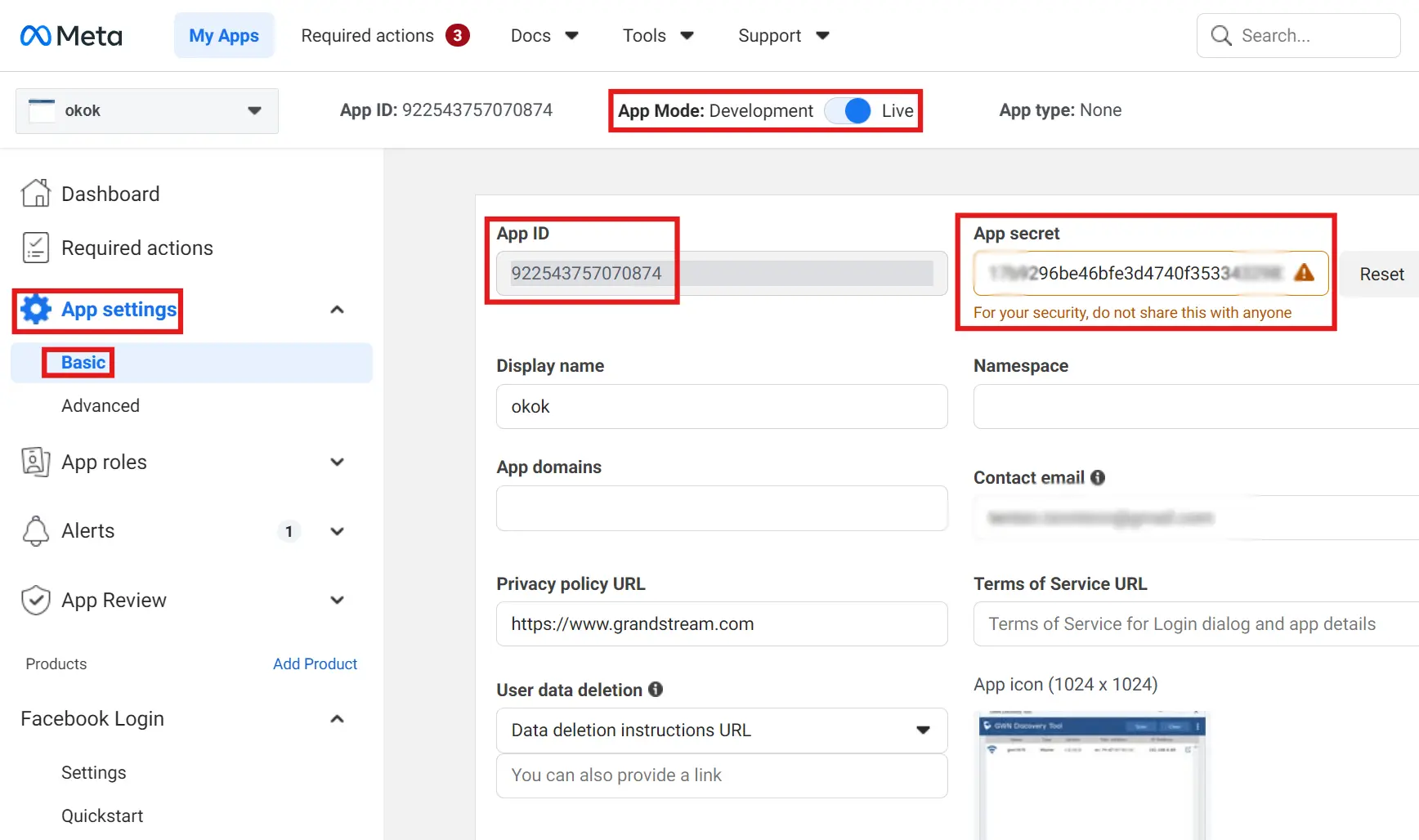 step 4 app settings → basic turn on app mode develoment to live and copy app id and app secret - Documentation Center