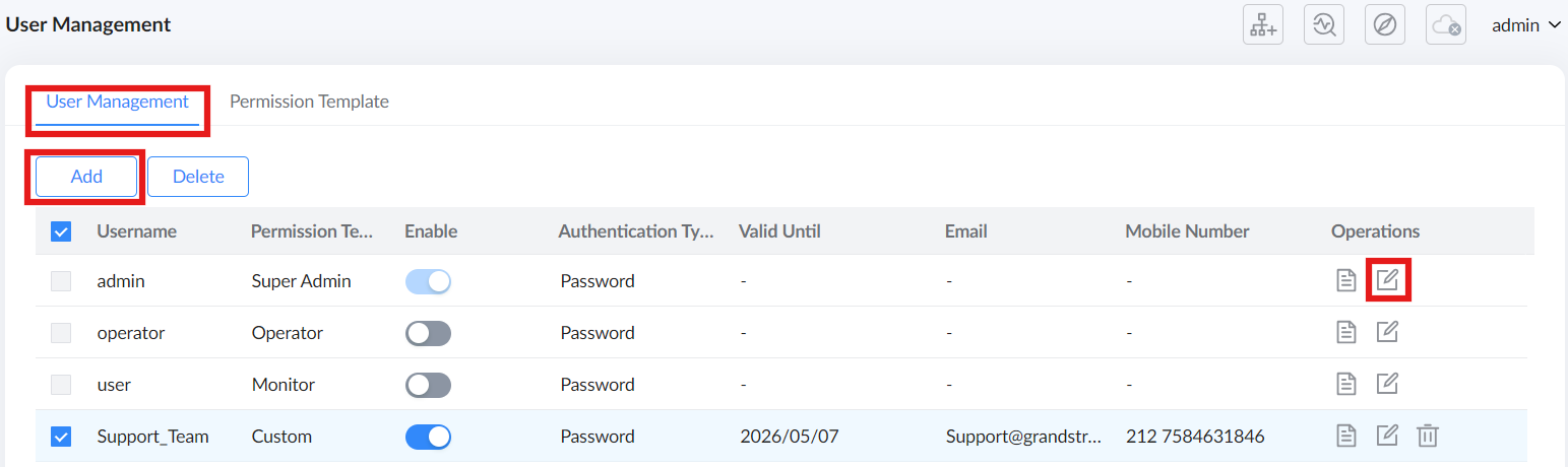 1 - Documentation Center Admin User Management page with a user list, checkboxes, Add and Delete buttons, and per-user action icons (edit/delete). Support_Team row highlighted as selected/active.