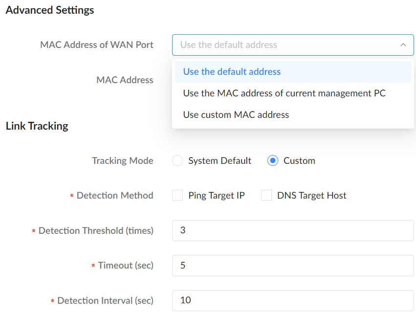 2 intenret setting snetowrk settings tab first part two of the page - Documentation Center Advanced Settings page showing Link Tracking: WAN Port MAC Address with dropdown, Tracking Mode set to Custom, and numeric thresholds.