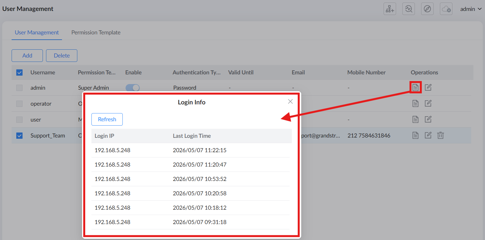 2 - Documentation Center Login Info dialog showing a list of login IPs with their last login timestamps in an admin UI
