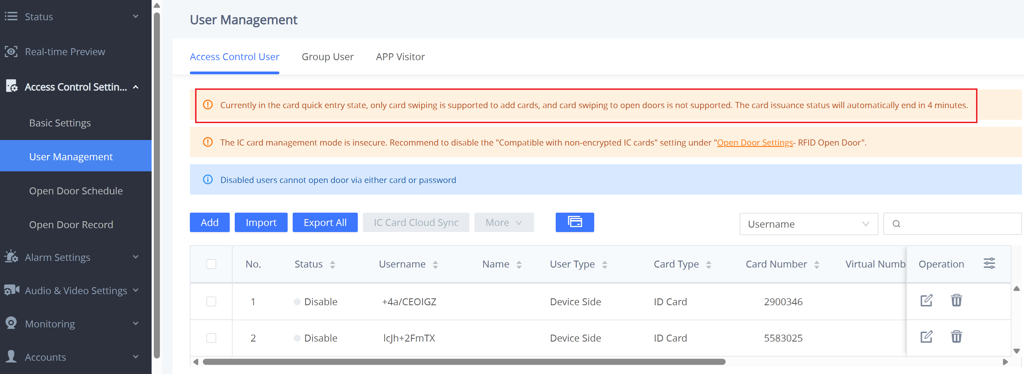 238891ba-eb25-4c6b-bca7-e9529c944609 - Documentation Center Admin User Management page with left navigation, status alerts, tabs (Access Control User, Group User, APP Visitor), and a toolbar (Add, Import, Export All). The main table lists users with columns for No, Status, Username, Name, User Type, Card Type, Card Number, Virtual Number, and Operation (edit/delete).