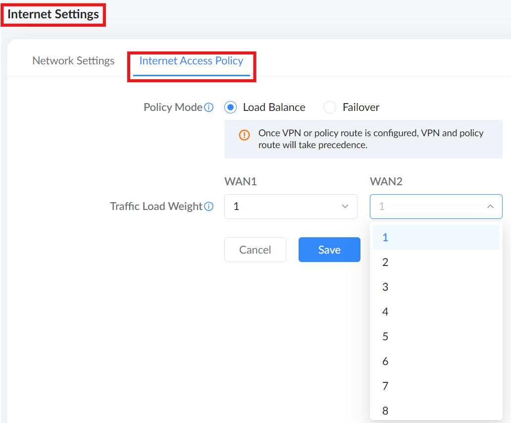 3 intenret setting snetowrk settings second tab intenre access policy part 1 load balance - Documentation Center Network device web UI: Internet Settings > Internet Access Policy tab with Load Balance selected; WAN1/WAN2 traffic weight controls and Save/Cancel buttons.