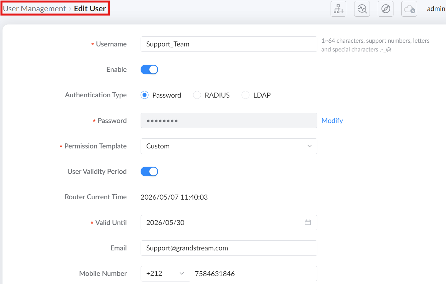 3 this is add or edit user permistion tempalte operator monitor custom - Documentation Center Edit User form titled 'User Management > Edit User' with fields for Username, Password, Permission Template, User Validity Period, Email, and Mobile Number.