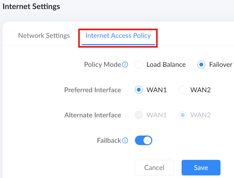4 intenret setting snetowrk settings second tab intenre access policy part 2 failover - Documentation Center Internet Settings panel with tab 'Internet Access Policy' selected, showing policy options, preferred and alternate WAN interfaces, and Save button.