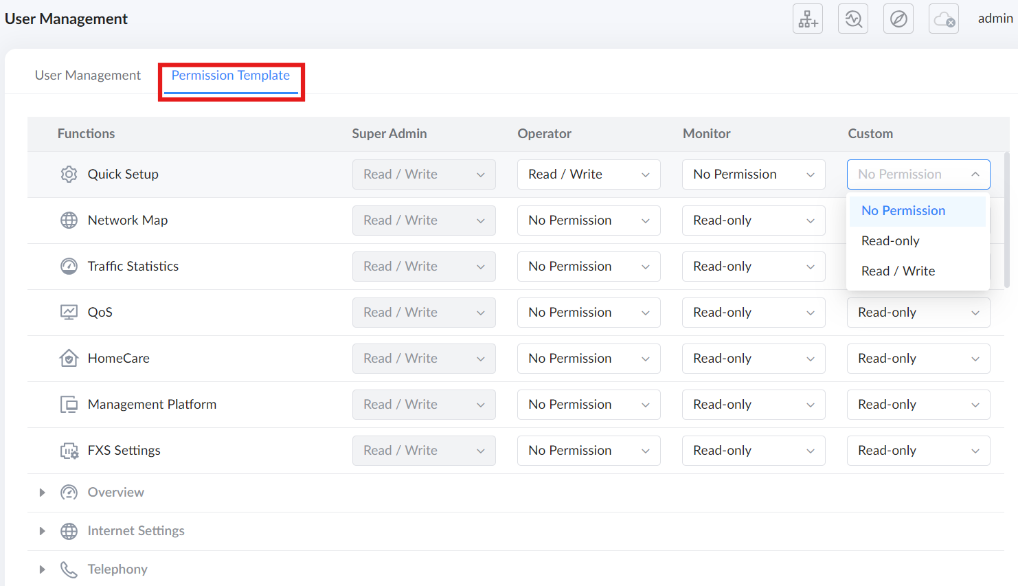 4 permission template user admin has all and only one the rest can be configrued there are so muany funcitons - Documentation Center Permission Template tab in User Management showing a table of feature rows and permission dropdowns (Super Admin, Operator, Monitor, Custom).
