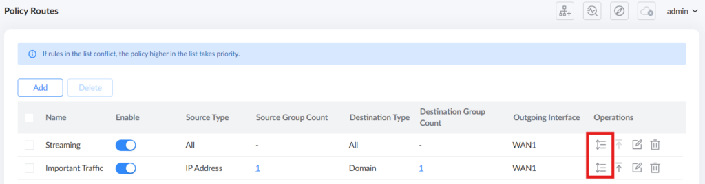 4 poilcy routes can be change the order - Documentation Center Policy Routes list with two rules (Streaming and Important Traffic), showing enable toggles and a highlighted reorder handle in Operations.