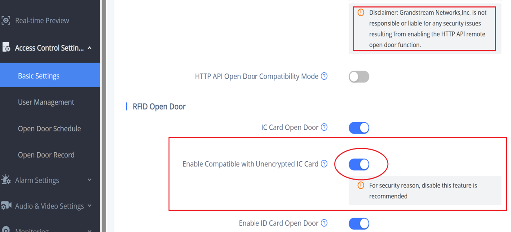 47824e0c-6b94-404e-a016-e740acb473e4 - Documentation Center Screenshot of a settings panel showing 'IC Card Open Door' and 'Enable Compatible with Unencrypted IC Card' toggles highlighted with a red outline and an info note to the side.