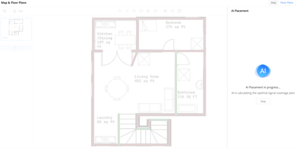 Top-down floor plan of a home with labeled rooms: Living Room (452 sq ft), Kitchen/Dining (187 sq ft), Bedroom (174 sq ft), Bathroom (126 sq ft), and Laundry (86 sq ft). UI shows an AI placement panel on the right.”,