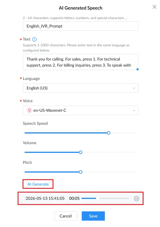 AI_Generate_Button - Documentation Center UI for AI speech generator: title 'AI Generated Speech', IVR prompt text box with sample line, language and voice dropdowns, sliders for speed, volume, and pitch, 'AI Generate' button, playback timeline with timestamp, and Save/Cancel buttons.