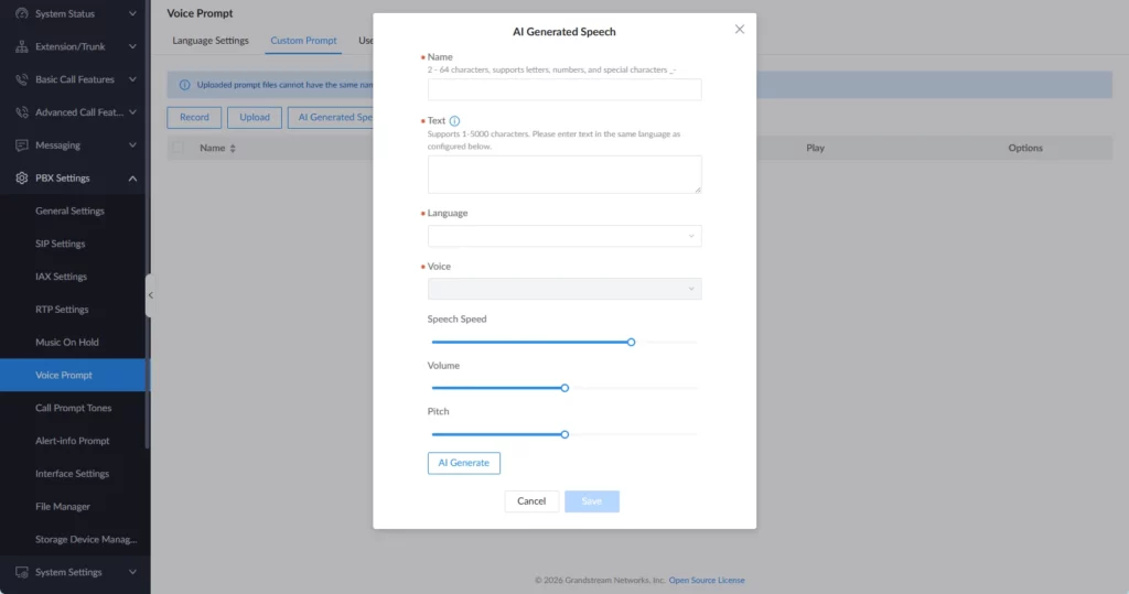 AI_Generated_Speech_Window - Documentation Center Modal: AI Generated Speech settings dialog with fields for Name, Text, Language, Voice, and sliders for Speed, Volume, and Pitch; includes AI Generate button.