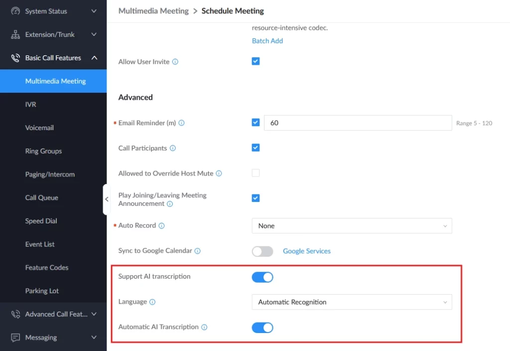 AI_Meeting_Scheduling_Options PBX - Documentation Center Screenshot of Multimedia Meeting settings: Advanced options including Email Reminder, Call Participants, Join/Leave Announcement, AI Transcription, and Language.