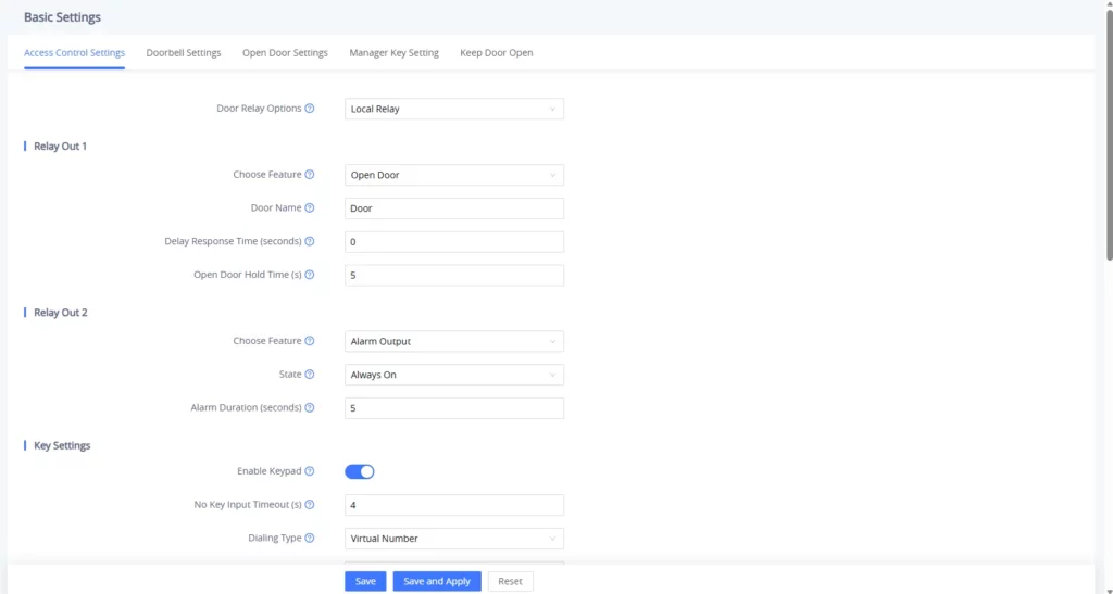 Access control settings page for Open Door and Alarm outputs with keypad options and save controls