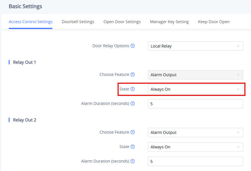 Access Control Settings - Basic Settings - Access Control Settings - Relay Out - State - Documentation Center Basic Settings: Access Control with two Relay Out sections; Local Relay, Alarm Output, State Always On, 5s duration.