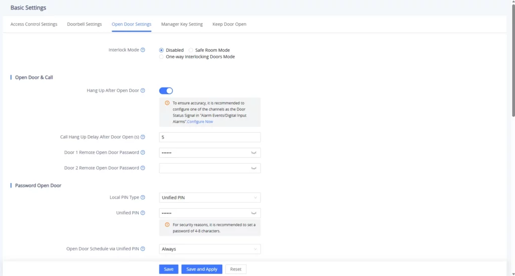 Open Door Settings page showing Interlock Mode options and Hang Up After Open Door toggle with a help note and password fields for Door 1/2.