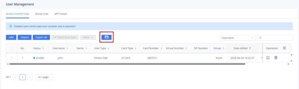 User Management page with a highlighted Print button on the toolbar
