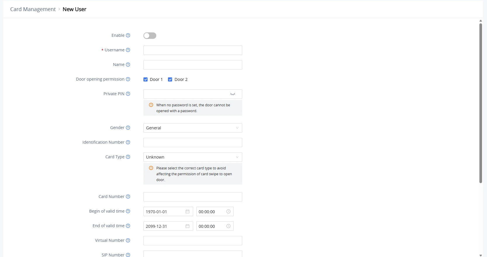 New User form in Card Management: enable toggle, username, name, door1/door2 permissions, and PIN field with warning note