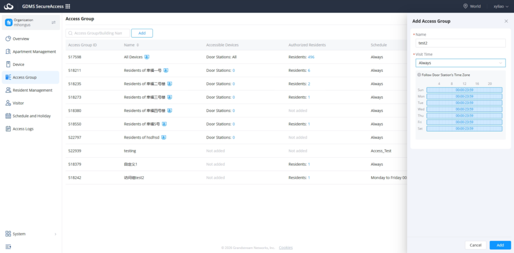 Add Access Group - Documentation Center GDMS Access Group management screen with a list of groups and a right-side Add Access Group panel