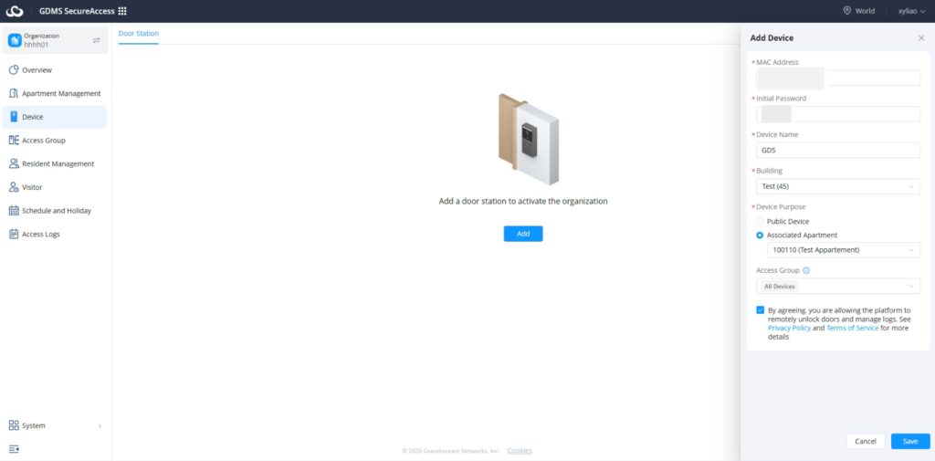 Add Device - Documentation Center 3D illustration of a door station with the caption 'Add a door station to activate the organization' in a device management UI