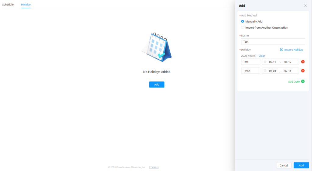 Add Holiday Manually - Documentation Center Calendar illustration showing 'No Holidays Added' with a blue Add button below