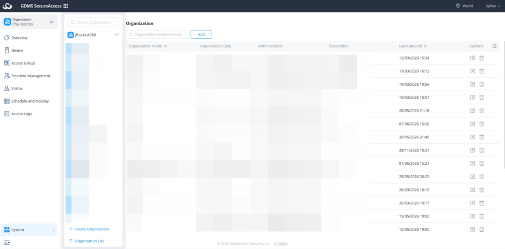 Add Organization - Documentation Center Organization management dashboard: left navigation pane, search bar, and a table of organizations with actions (edit/delete) on the right.
