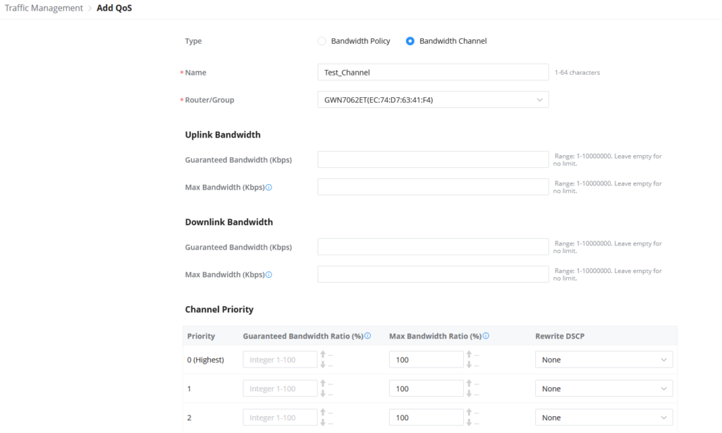 Breadcrumbs show Traffic Management > Add QoS. A web form titled Add QoS with radio options for Bandwidth Policy/Channel, fields for Name and Router/Group, sections for Uplink and Downlink bandwidth (Guaranteed and Max), and a Channel Priority table for selecting priorities and DSCP rewrites.