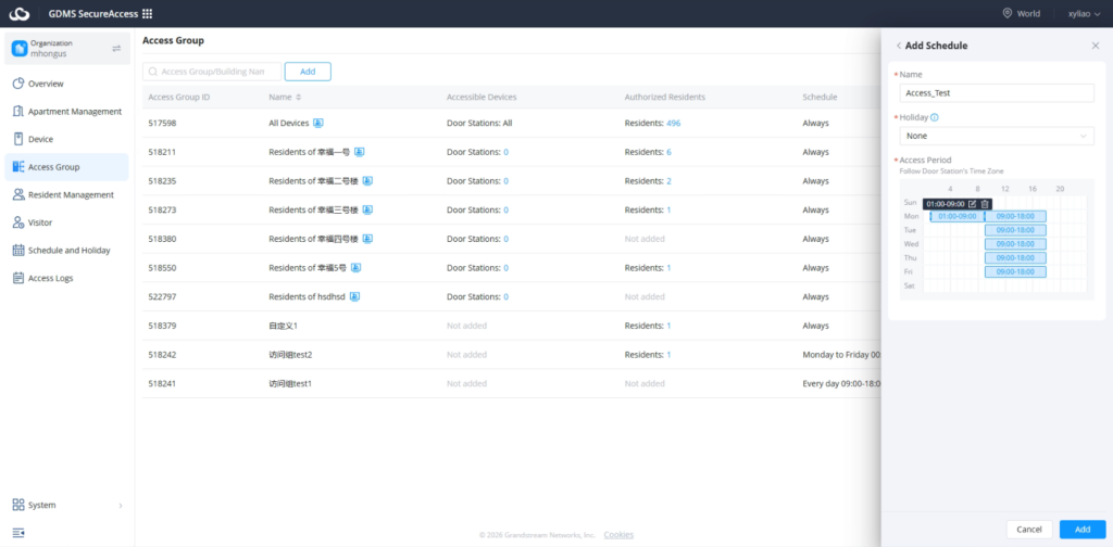Add Schedule - Documentation Center Access Group management screen with a table of groups (ID, Name, Devices, Residents, Schedule) and an Add button; left navigation visible.