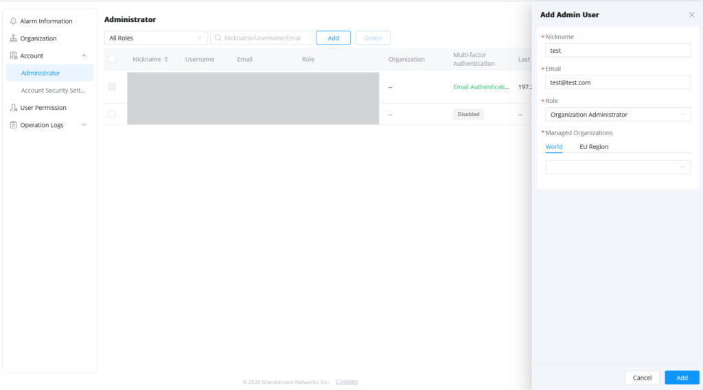 Add administrator - Documentation Center Admin panel showing 'Add Admin User' dialog with fields for Nickname, Email, Role, and Managed Organizations; Cancel and Add buttons visible on the bottom.