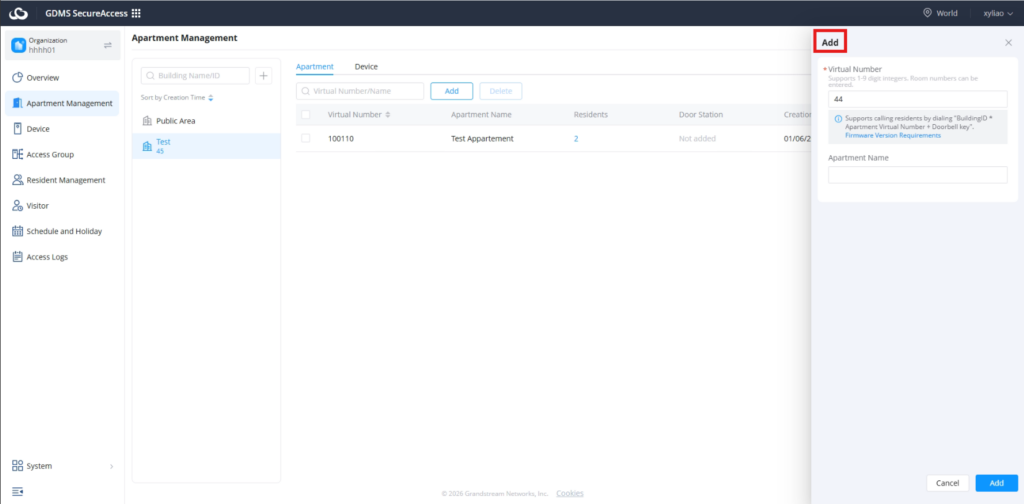 Add appartement into building - Documentation Center Apartment Management screen with a list of apartments and an Add dialog for a virtual number and apartment name