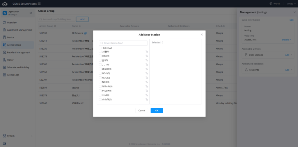Add devices - Documentation Center Modal: Add Door Station with left device list and right Selected pane; Cancel and OK buttons at bottom.