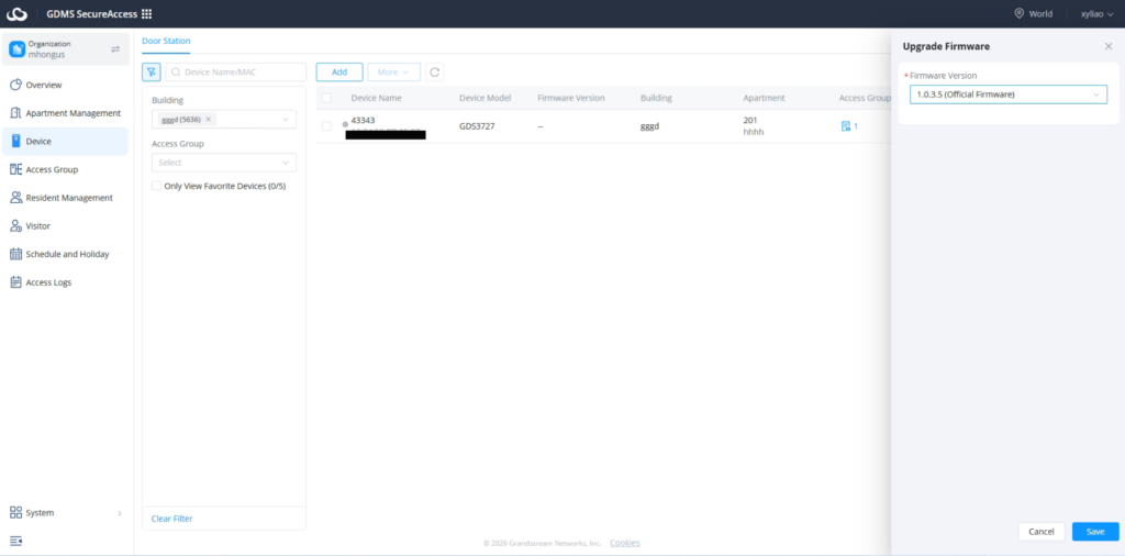 Add door station - Documentation Center GDMS SecureAccess dashboard with Door Station list, left navigation, and a firmware upgrade panel on the right. Description shows device table and filters beside it.