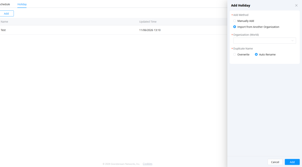 Add holidays through import - Documentation Center Schedule app: Holidays tab with a list item named 'Test' updated 11/06/2026 13:10; Add Holiday dialog open on the right, showing Import from Another Organization, Organization (World), and Auto Rename option.
