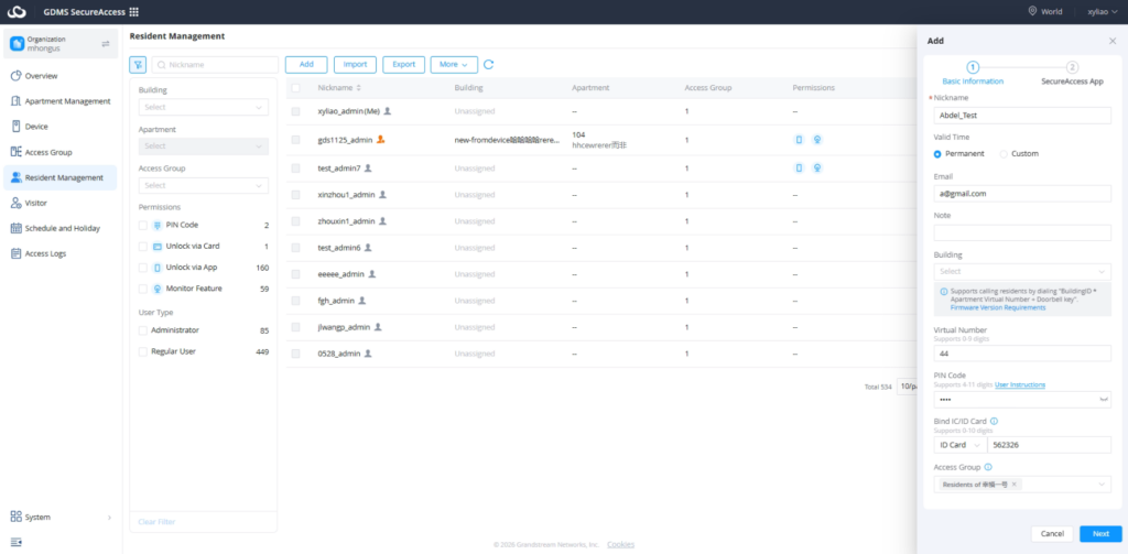 Add user account - Documentation Center Web app: Resident Management dashboard with a table of user accounts and a right-side Add panel for creating a new resident