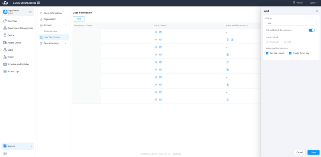 Add user permission - Documentation Center UI: Admin dashboard showing User Permission page with add button and a right-side Add permission panel
