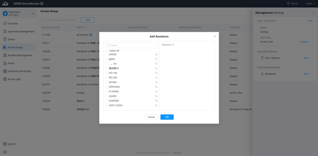 Add users - Documentation Center Modal Add Residents with a left list of names and a right 'Selected 0' panel, plus Cancel and OK buttons.