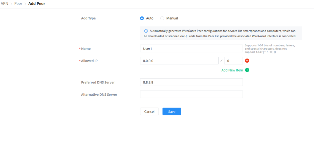 Add Peer form with Auto type selected: Name User1, Allowed IP 0.0.0.0/0, DNS 8.8.8.8, Cancel and Save buttons