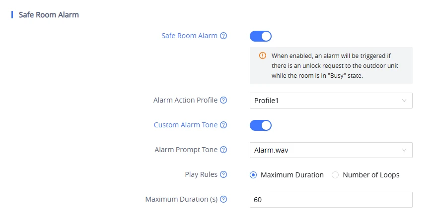 Alarm Event Settings - Safe Room Alarm - Documentation Center Safe Room Alarm settings panel with switches ON for Safe Room Alarm and Custom Alarm Tone; Alarm Action Profile set to Profile1; Alarm Prompt Tone set to Alarm.wav; Play Rules: Maximum Duration 60s.
