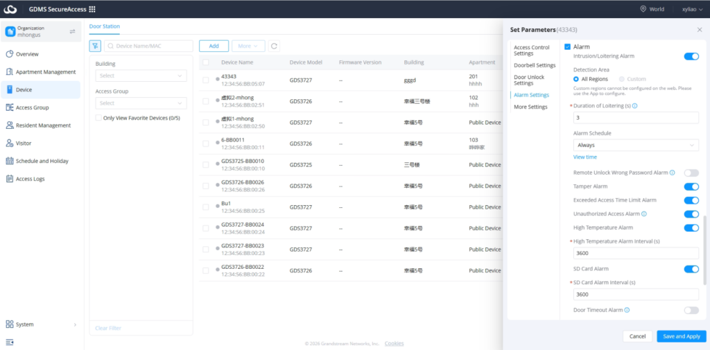 Alarm Settings - Documentation Center GDMS SecureAccess dashboard with a device list table and an Alarm Settings panel on the right side.