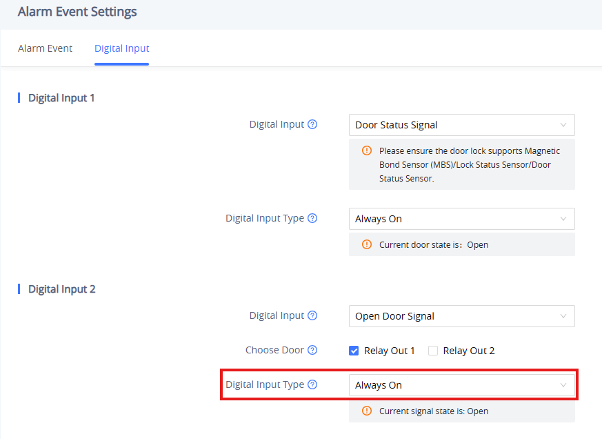 Alarm Settings - Alarm Event Settings - Digital Input - Digital Input Type - Documentation Center Alarm Event Settings panel showing Digital Input 1 and 2 configurations, with door signals and statuses visible in a settings form.