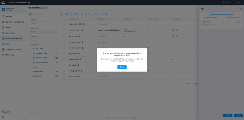 App Privileges - Documentation Center Modal dialog: 'The number of App users has exceeded the organization limit' with a Close button on a Resident Management page.