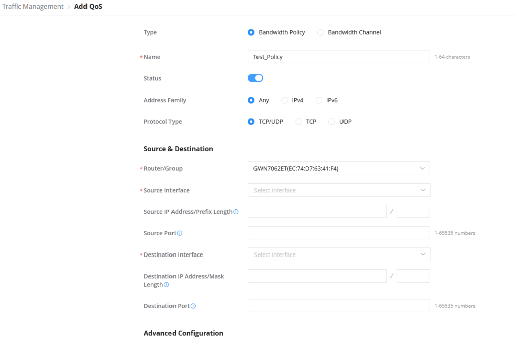 Add QoS: Bandwidth policy form with Name, Status toggle, Address Family, Protocol Type, and Source/Destination settings; includes Router/Group field and interfaces/ports.