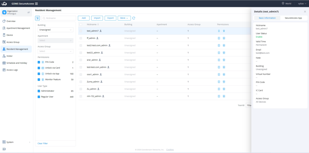 Basic User Infromation - Documentation Center Resident Management dashboard with a user list, filters on the left, and a details pane for test_admin7.