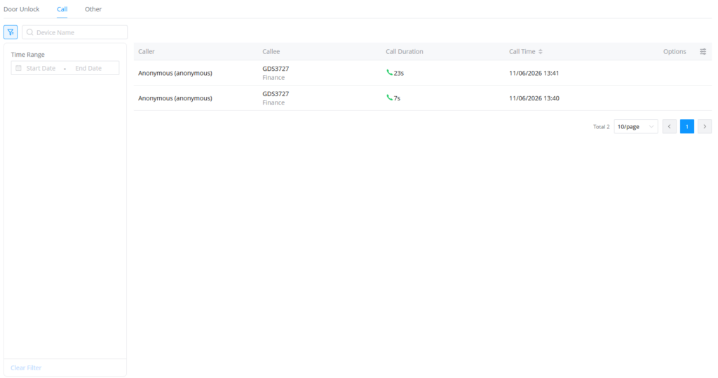 Call Logs - Documentation Center Call history: two anonymous calls to GDS3727 Finance; durations 23s and 7s; times 11/06/2026 13:41 and 13:40.