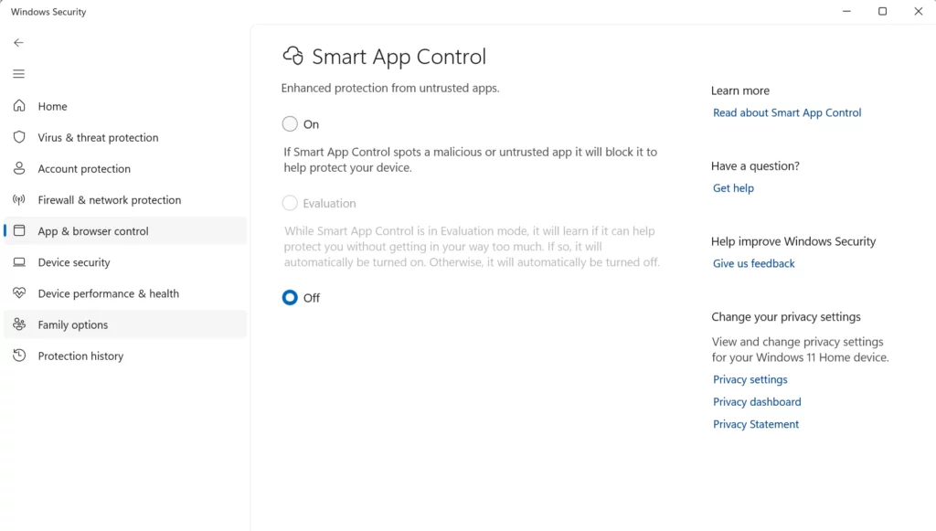 Chrome Smart App Control - Documentation Center Windows Security: Smart App Control settings with On, Evaluation (disabled), and Off options visible on the left panel; Learn more and Help links on the right.