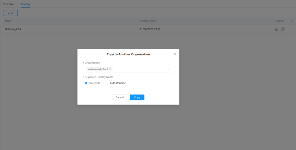 Copy Holidays - Documentation Center Modal dialog titled 'Copy to Another Organization' with Organization set to Abdelwahab_Test2, Duplicate Holiday Name options: Overwrite and Auto Rename, and Cancel and Copy actions.